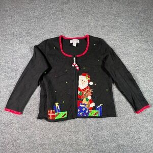 Tiara Cardigan Sweater Womens XL Black Ramie Sequin Santa Full Zip Christmas